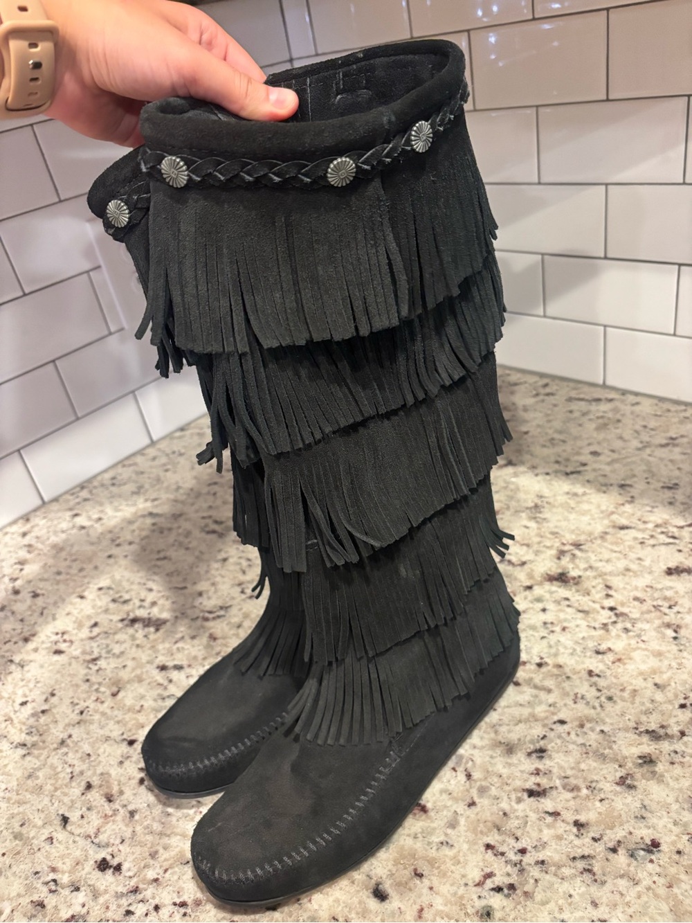 Minnetonka Black Layered Fringe Knee-High Moccasin Boots